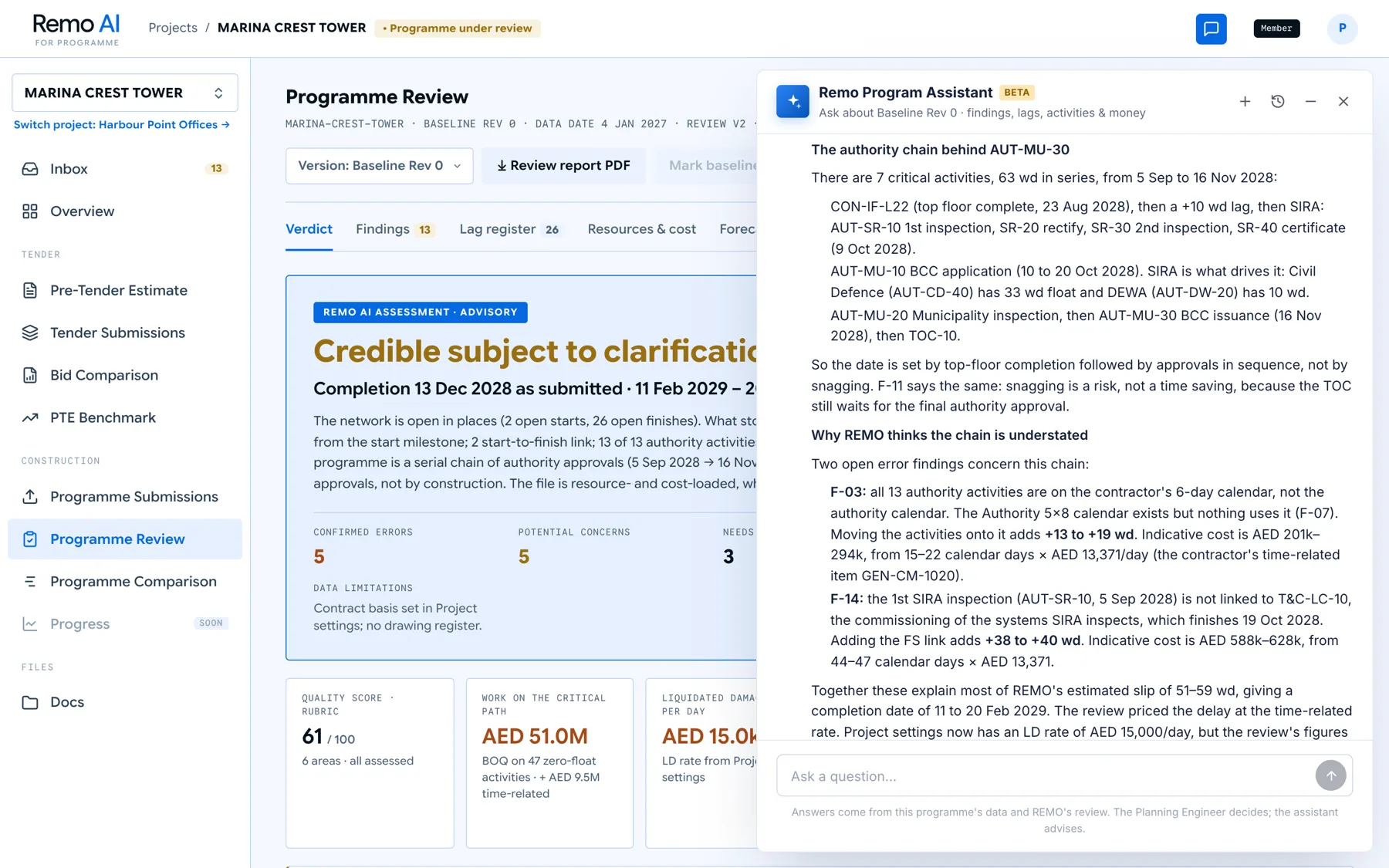The Remo Program Assistant explaining the authority approval chain that sets a fictional programme’s finish date, with the findings it relates to.