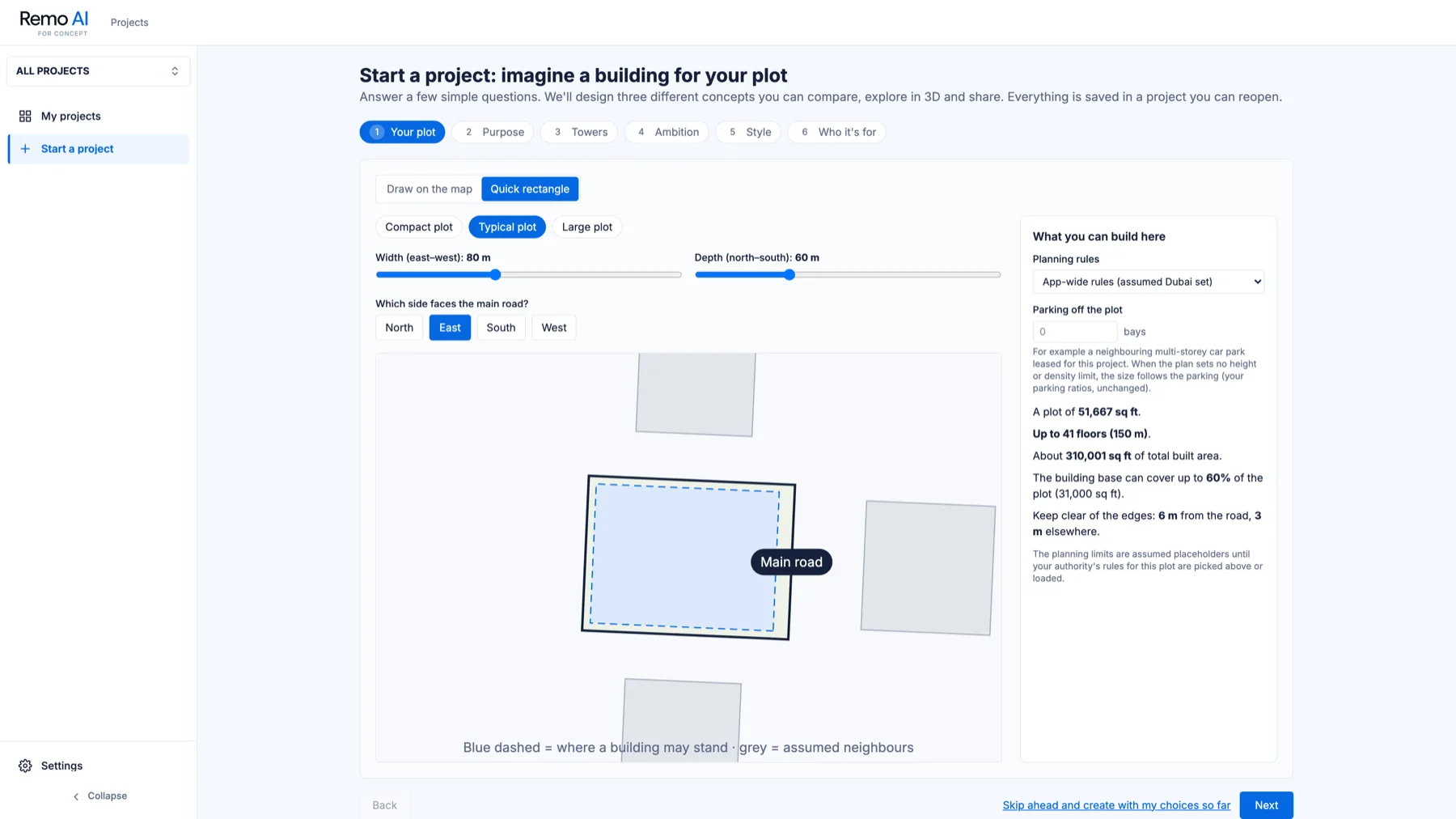 Start-a-project screen with a rectangular plot of 150 by 110 metres and a summary of what can be built on it.