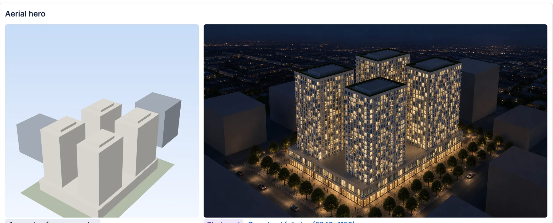 Photoreal night aerial of a four-tower scheme.