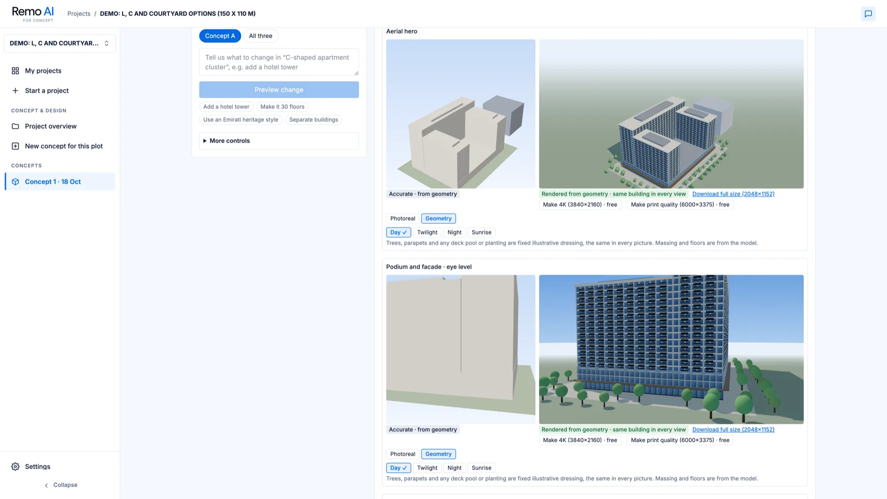 Aerial and eye-level geometry renders of the concept.