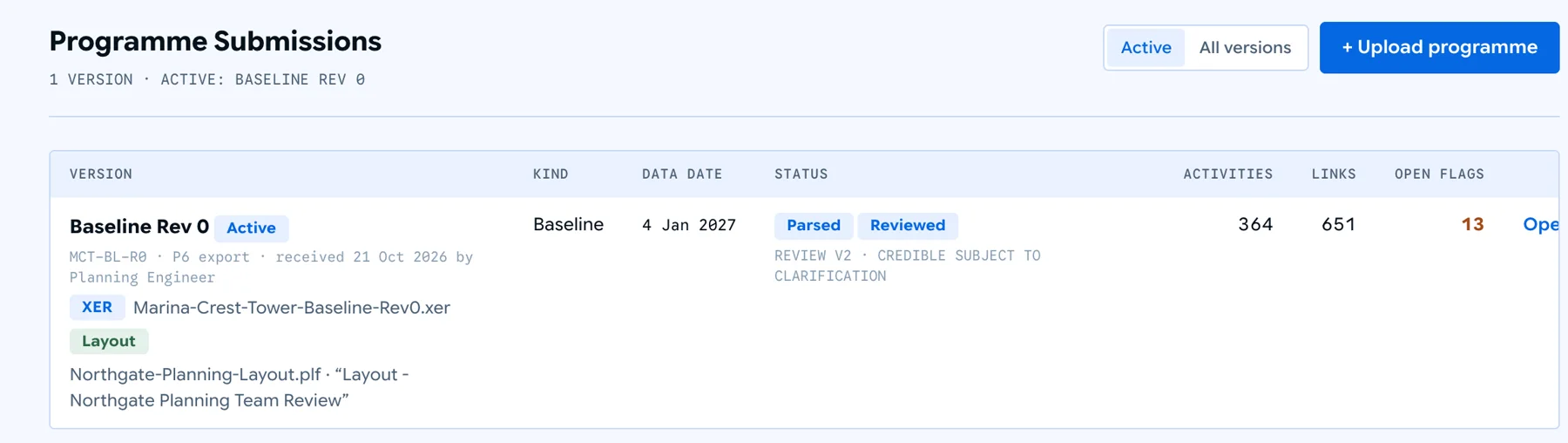 Programme Submissions screen: a baseline version with its XER file and a Layout badge naming the attached .plf file and the layout it contains.